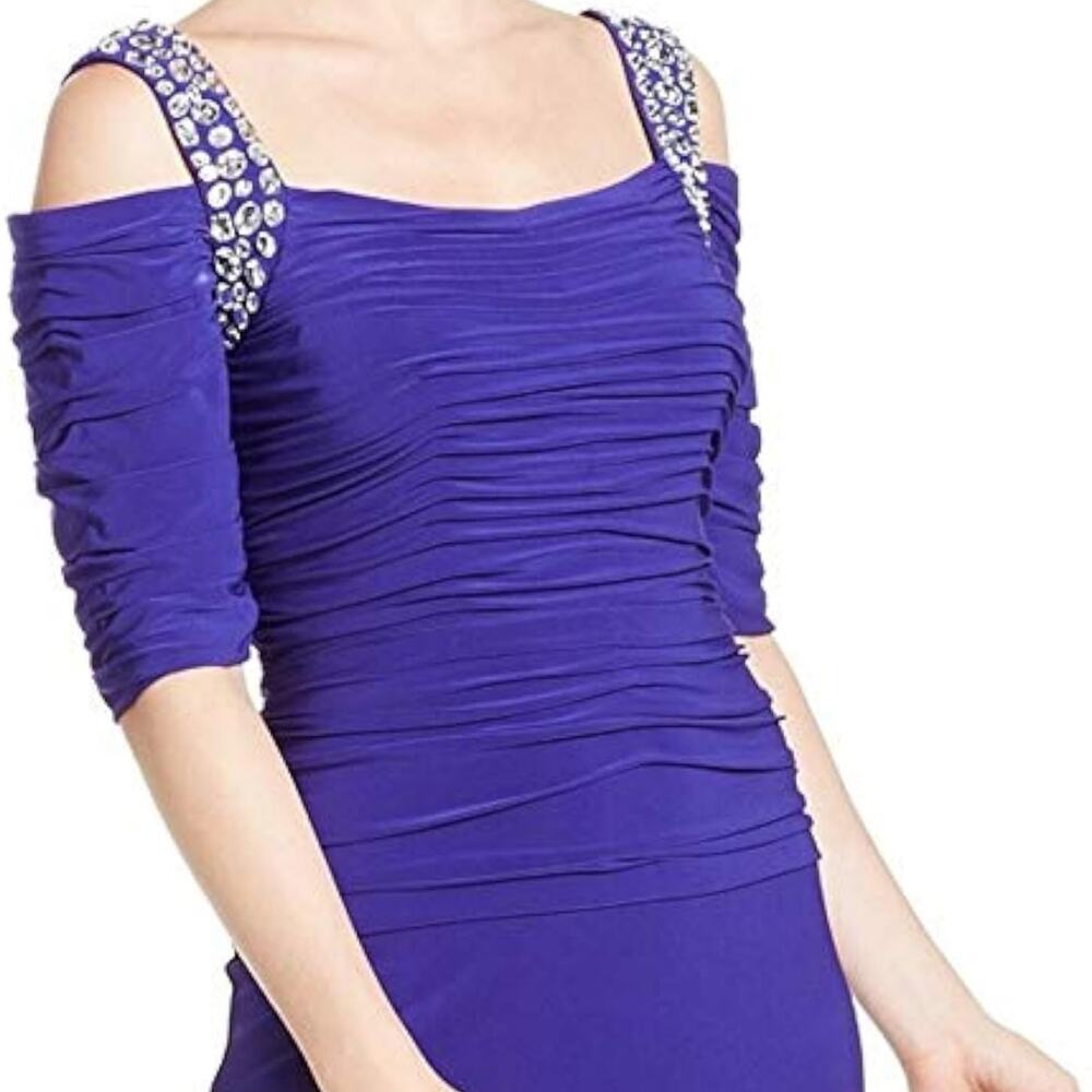Alex Evenings Plus Size 14 Cobalt Blue Cold Shoulder Embellished Ruched Gown NWT - Picture 3 of 14